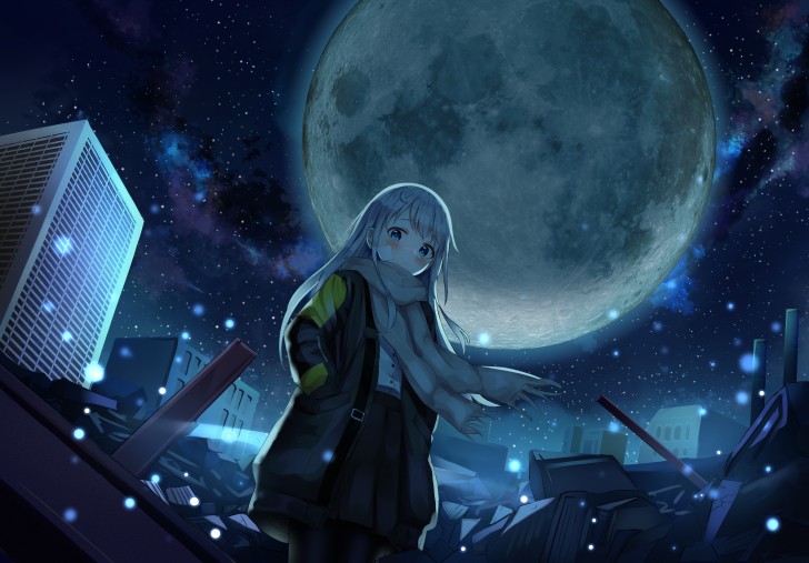 Wallpaper Anime Girl, Anime Night, Winter, Starry Sky, Giant Moon ...
