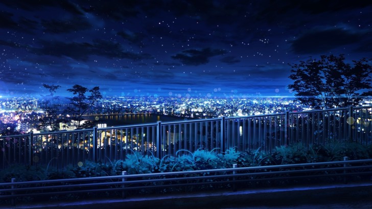 Wallpaper Sky, Buildings, Anime Cityscape, Night, Stars, Bokeh, Scenic ...