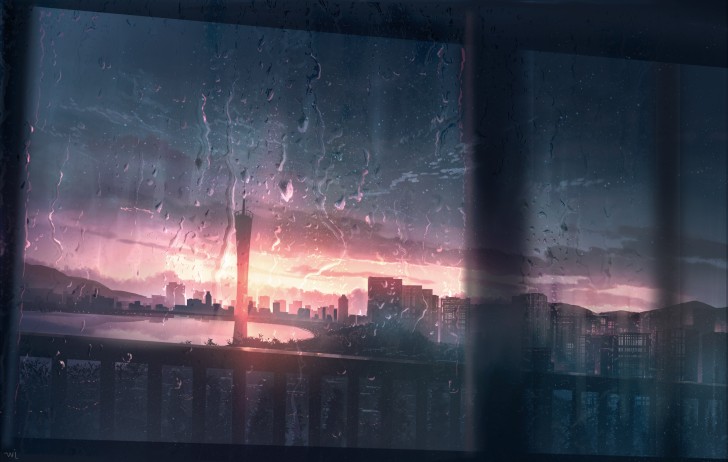 Wallpaper Sunset, Raining, Buildings, Sunset, Cityscape, Anime ...