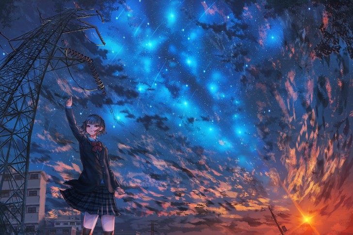 Wallpaper Sunset, Sky, Falling Stars, Anime School Girl, Scenery, Anime ...