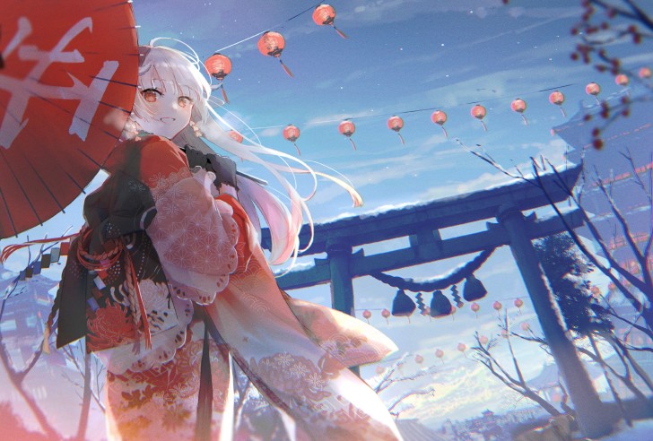 Wallpaper White Hair, Umbrella, Shrine, Kimono, Beautiful Anime Girl ...