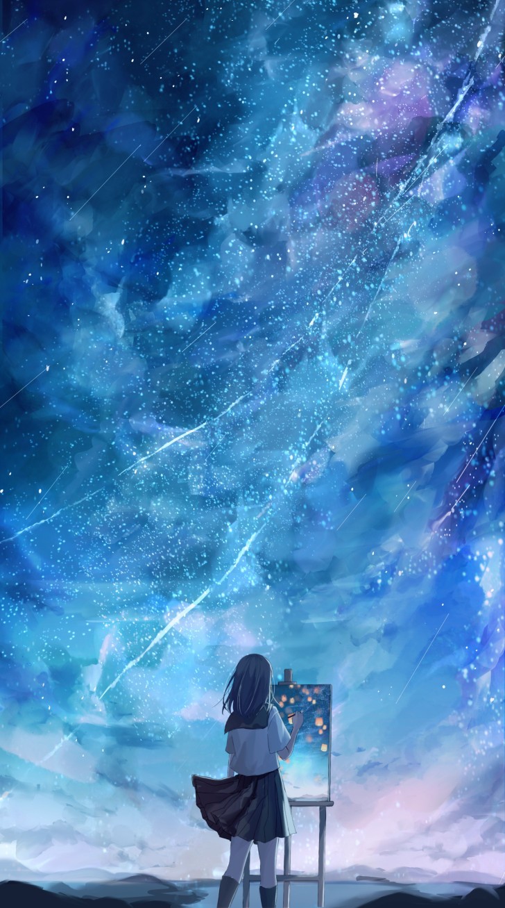 Wallpaper Anime Landscape, Milky Way, Falling Stars, Painting, Anime ...
