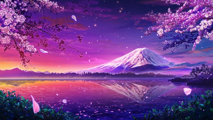 Wallpaper Petals, Mount Fuji, Anime Landscape, Cherry Blossom ...